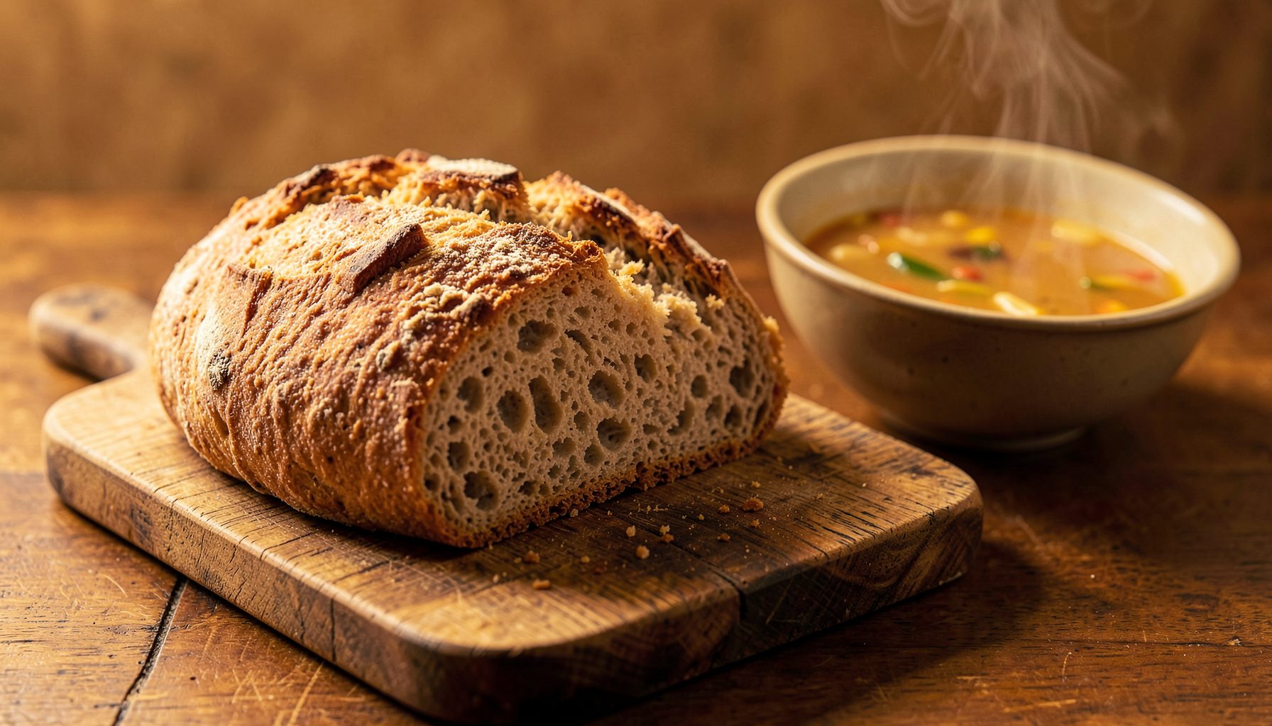 Rustic loaf of crusty bread on a wooden board with a bowl of steaming soup beside it, warm amber and golden tones