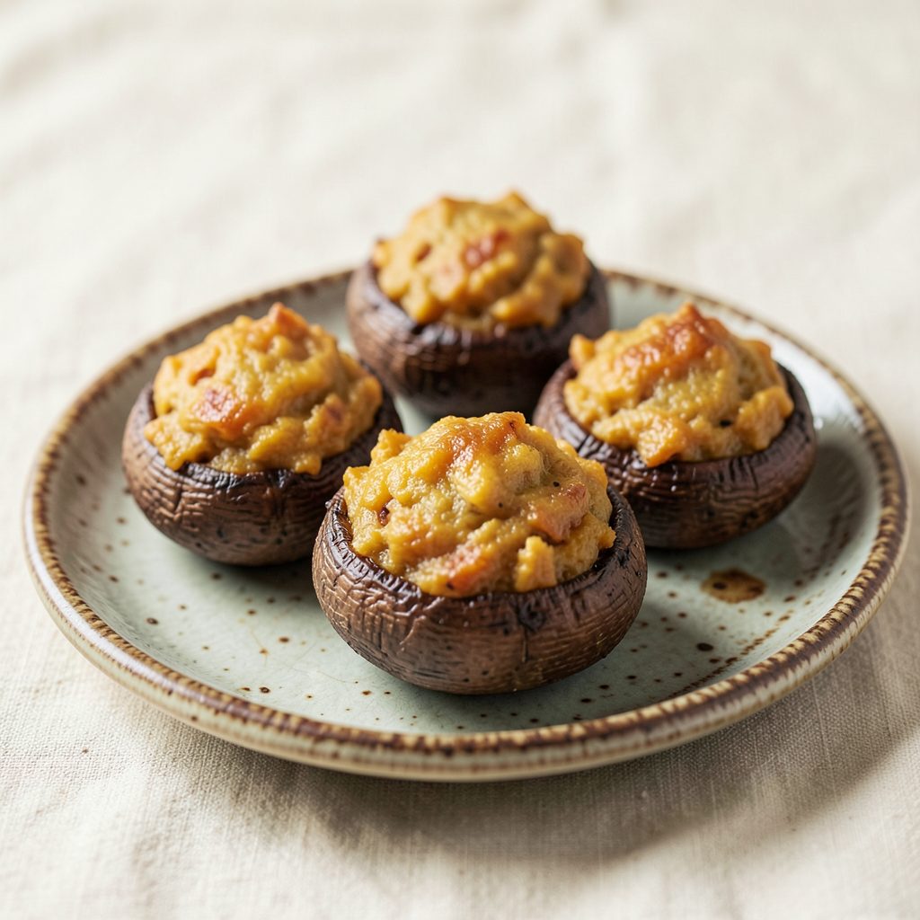 Golden-brown stuffed mushrooms on a rustic plate, earthy brown and cream tones