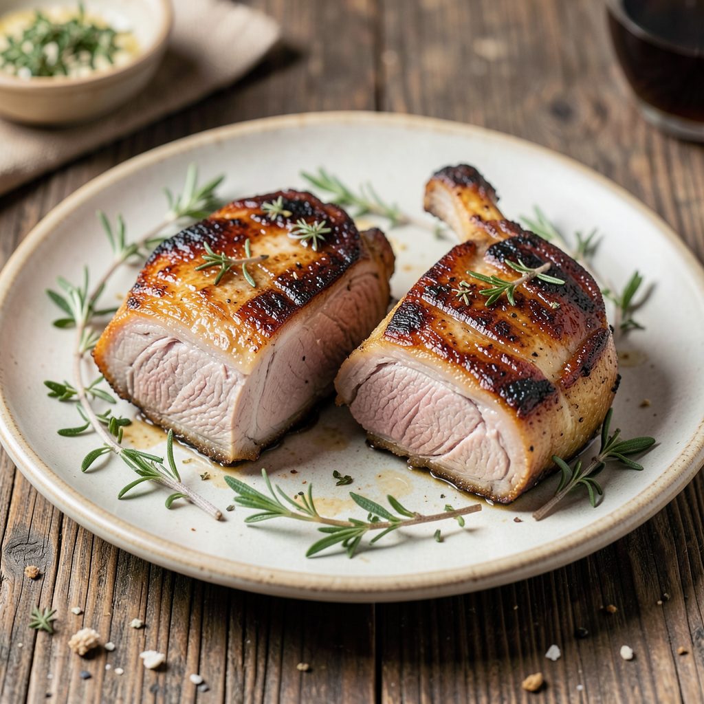 Two thick-cut stuffed pork chops on a plate with herbs, golden-brown sear, and rustic presentation