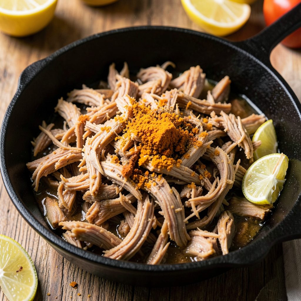 Tender shredded pork carnitas in a cast-iron skillet with warm spices and citrus, New Mexico style