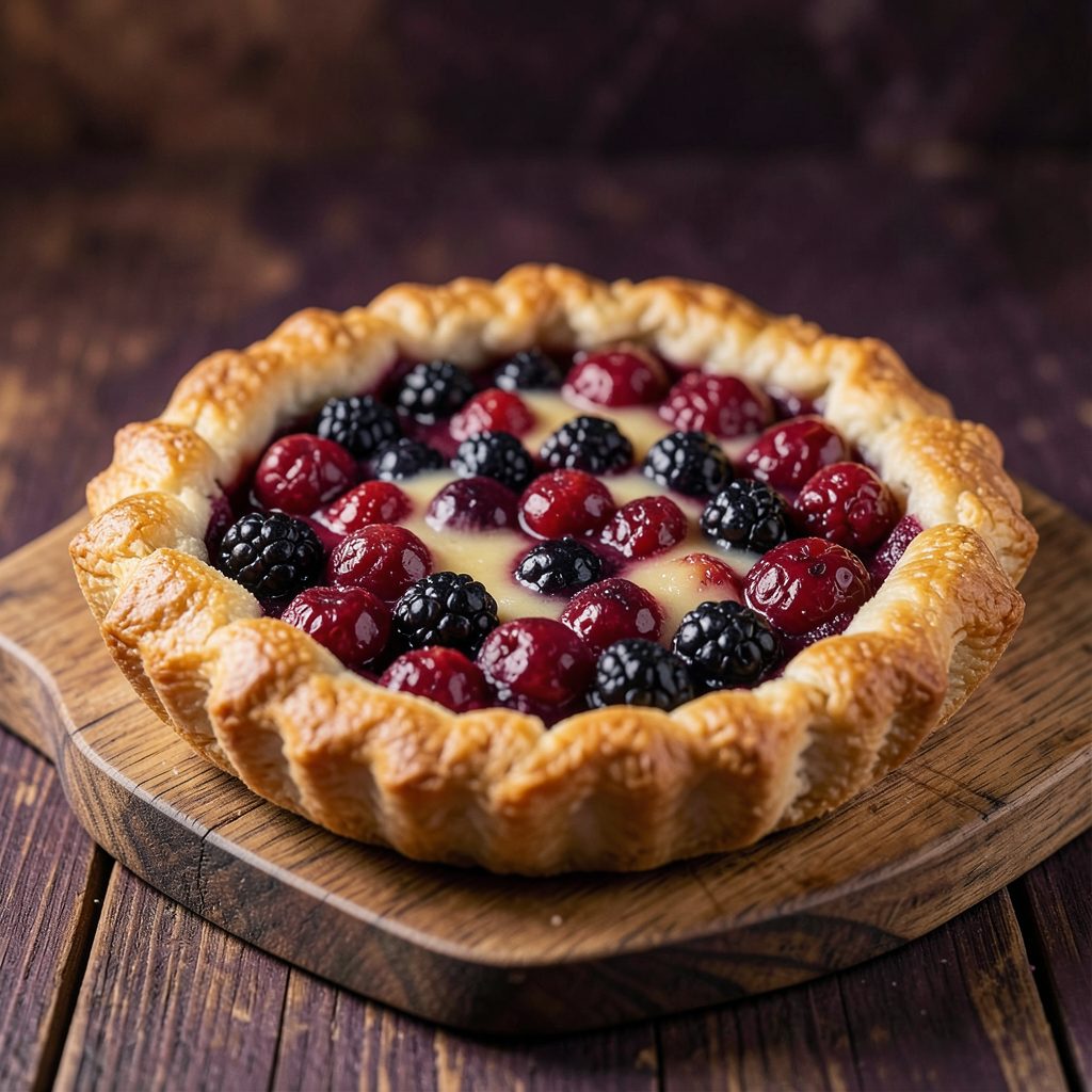 A rustic fruit galette with golden, flaky crust and jewel-toned berries on a wooden board, warm amber and deep purple tones