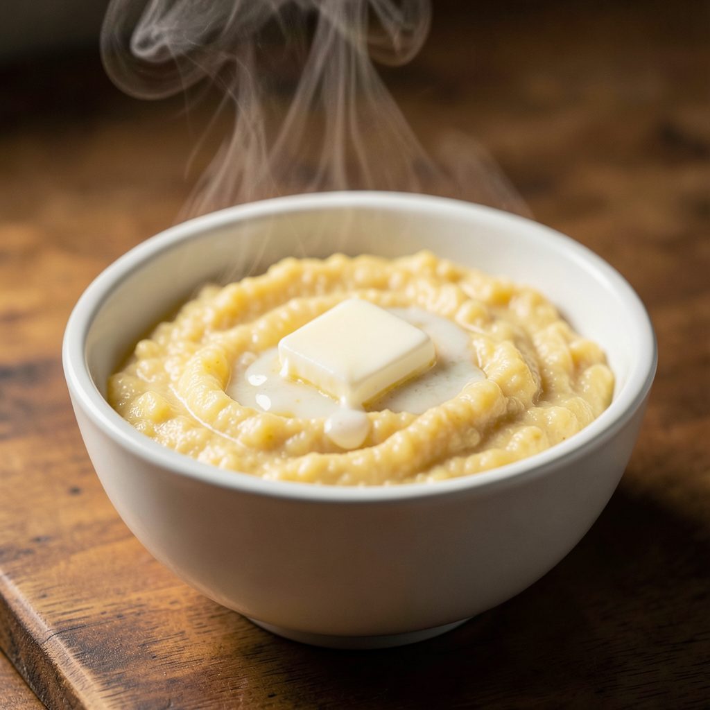 Steaming bowl of creamy polenta with a pat of butter melting on top, golden yellow tones
