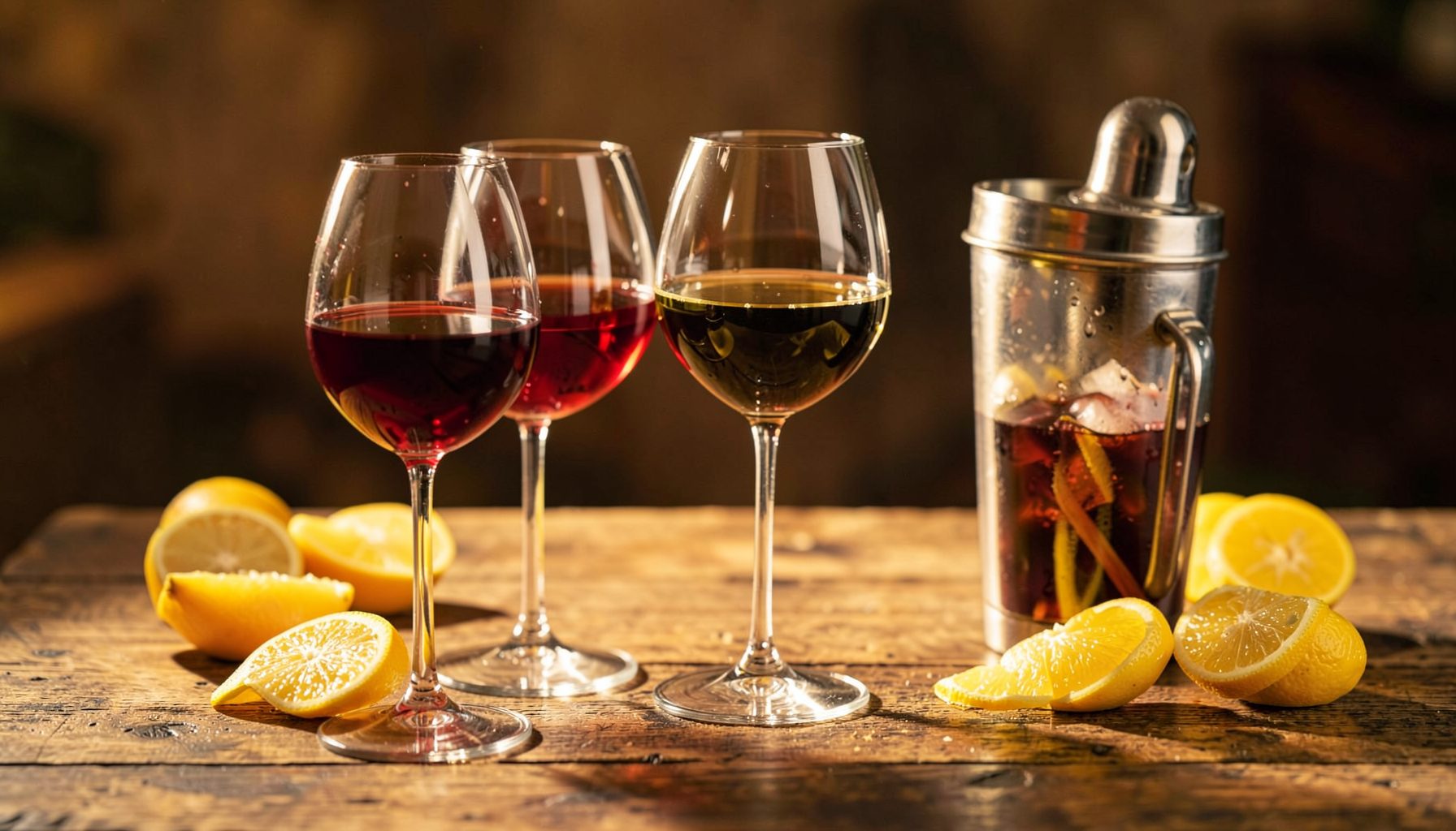 A rustic wooden table with glasses of red and white wine, a cocktail shaker, and fresh citrus garnishes in warm, golden light