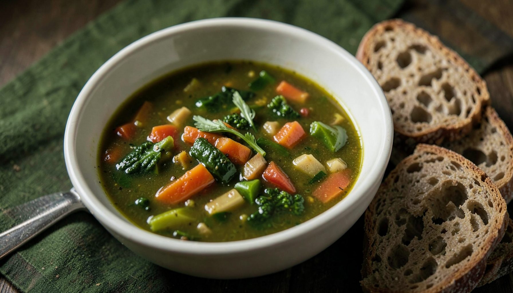 Hearty bowl of vegetable soup with rustic bread, deep green and earthy brown tones