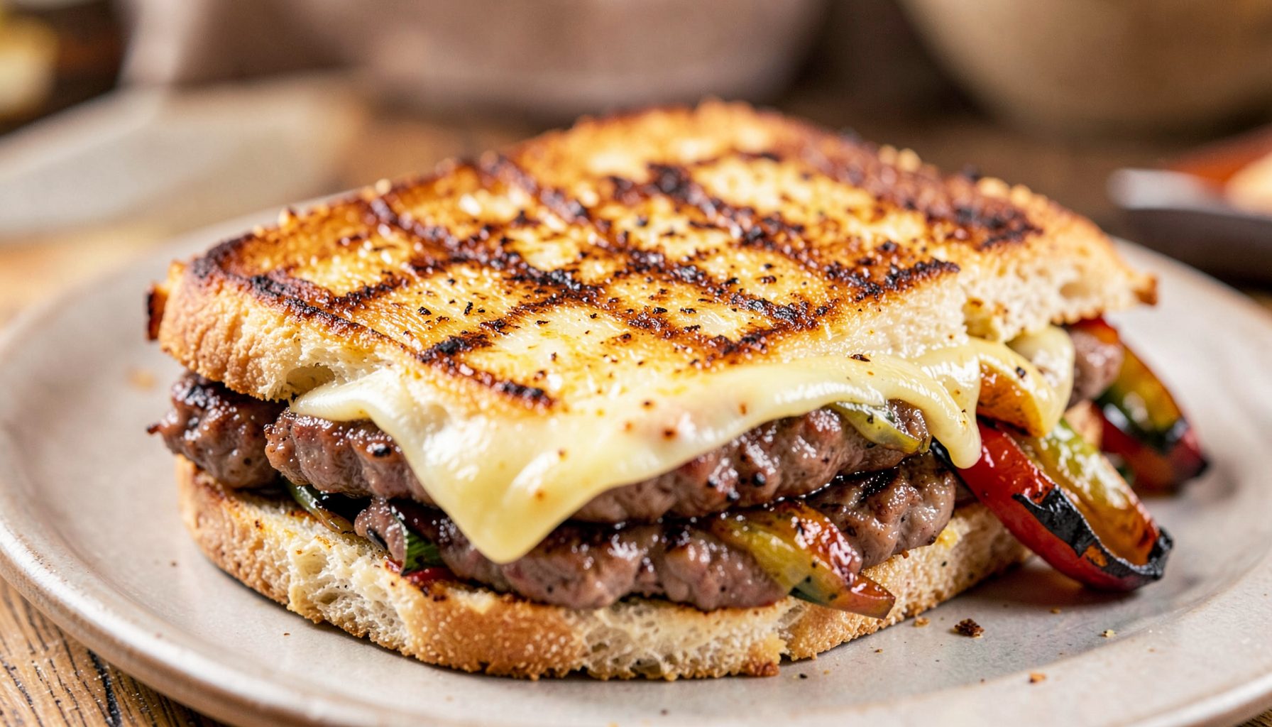 Grilled sandwich with melted cheese and roasted vegetables, golden brown and toasted