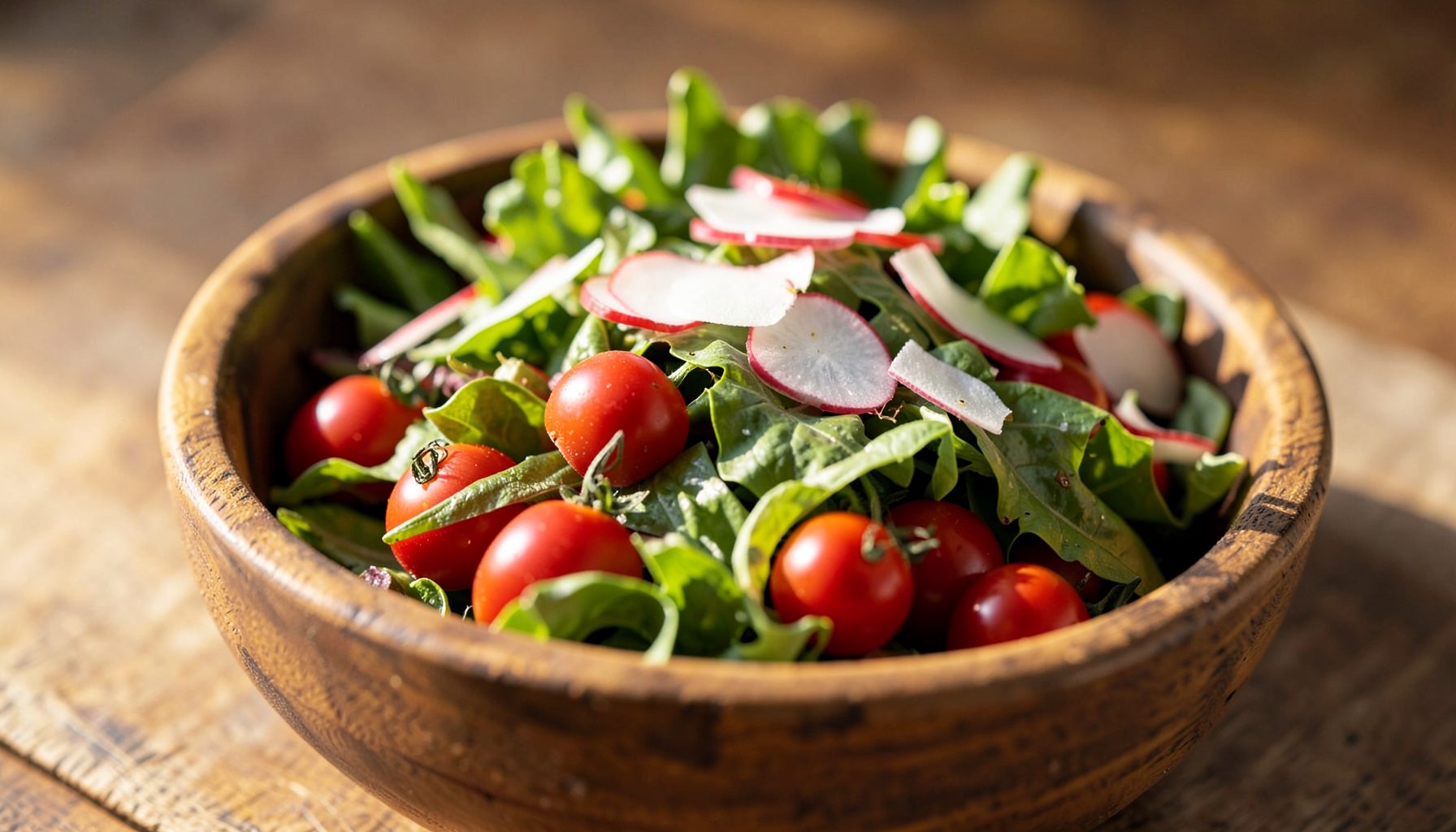 A rustic wooden bowl filled with mixed garden greens, cherry tomatoes, and shaved radishes in warm natural light