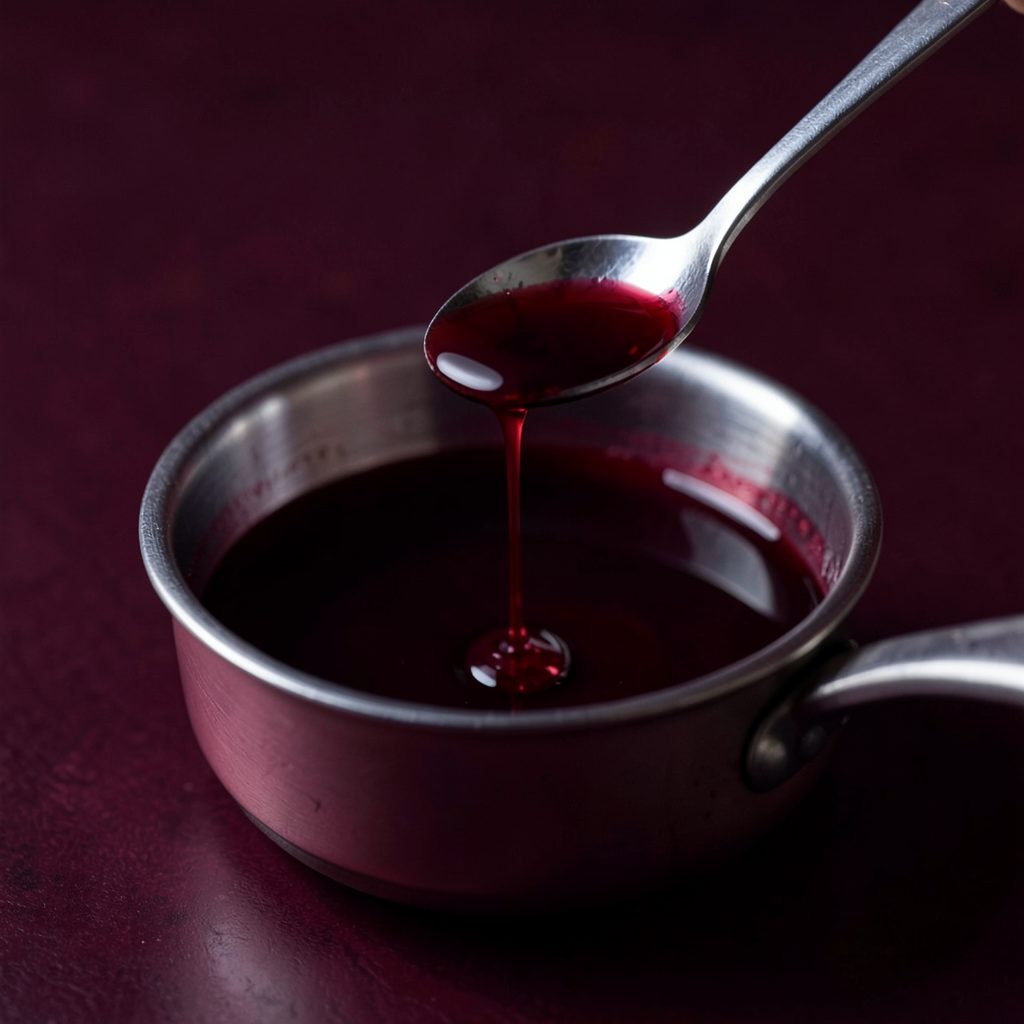 Small saucepan of glossy red wine reduction being drizzled from a spoon, deep burgundy tones