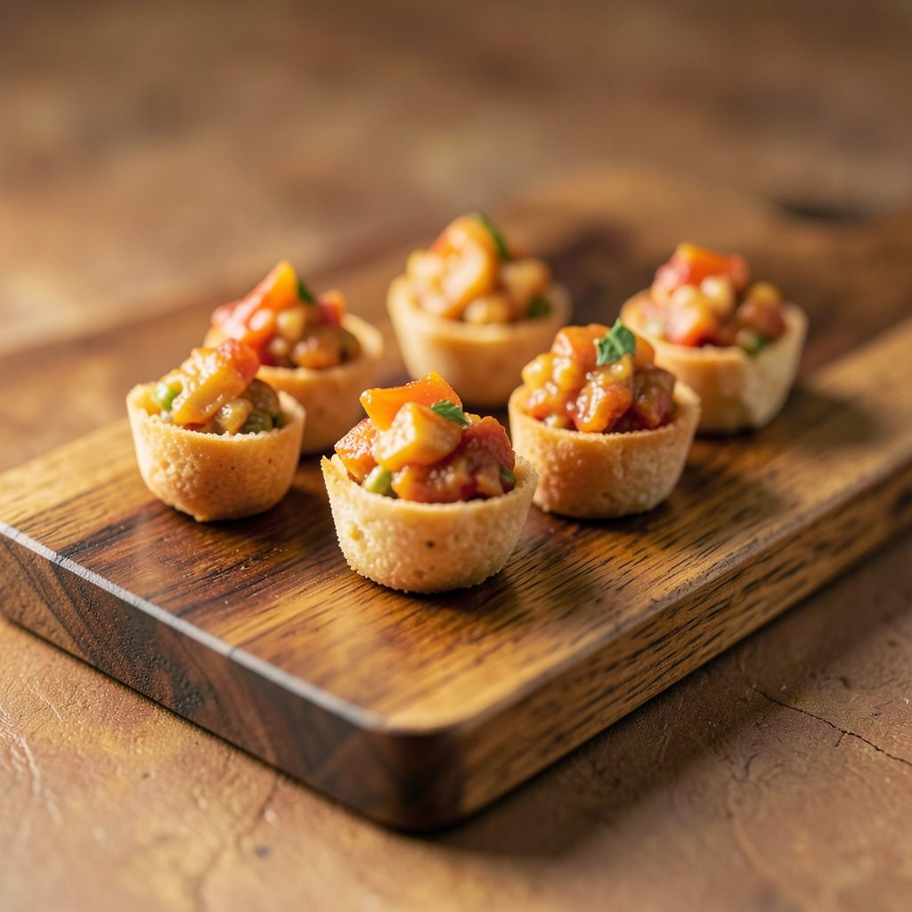 Small appetizer bites arranged on a wooden board, warm amber and golden hues