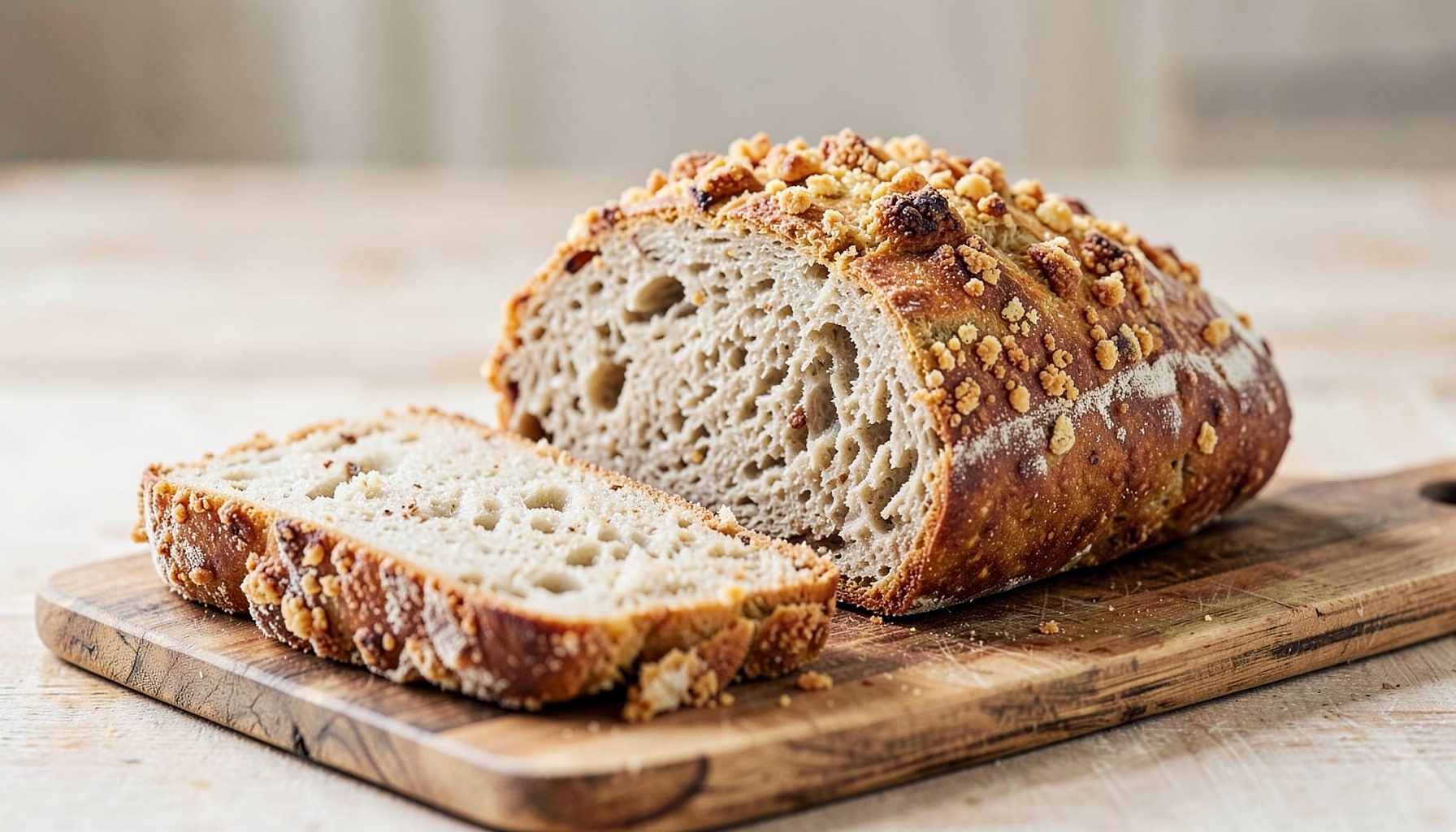 Crusty artisan bread loaf with golden crackled crust, sliced on a wooden cutting board